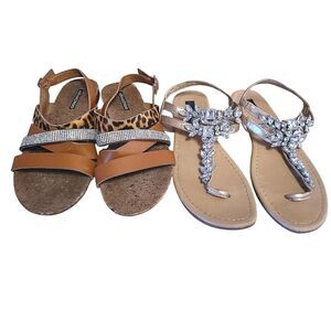 2 Pairs Strappy Rhinestones & Animal Print Sandals Size 7.5 Bundle